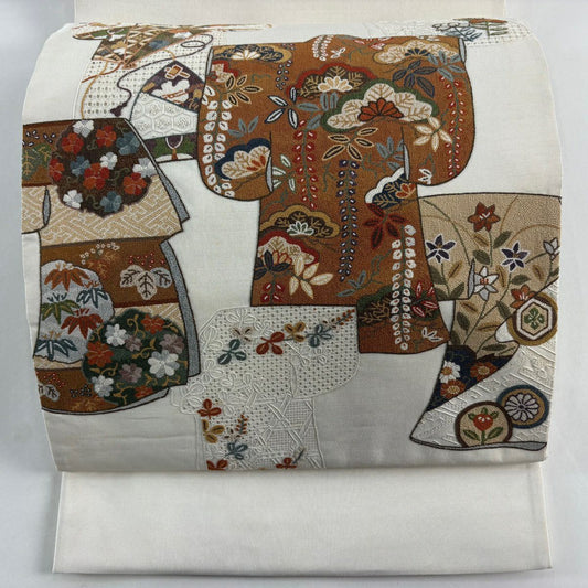 袋帶 名品級 和服 草花紋刺繡 奶油色 大鼓圖案 純蠶絲