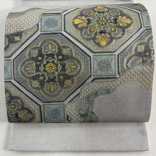 袋帶 名品級 蜀江文 華紋 刺繡 金銀彩 青灰 純蠶絲