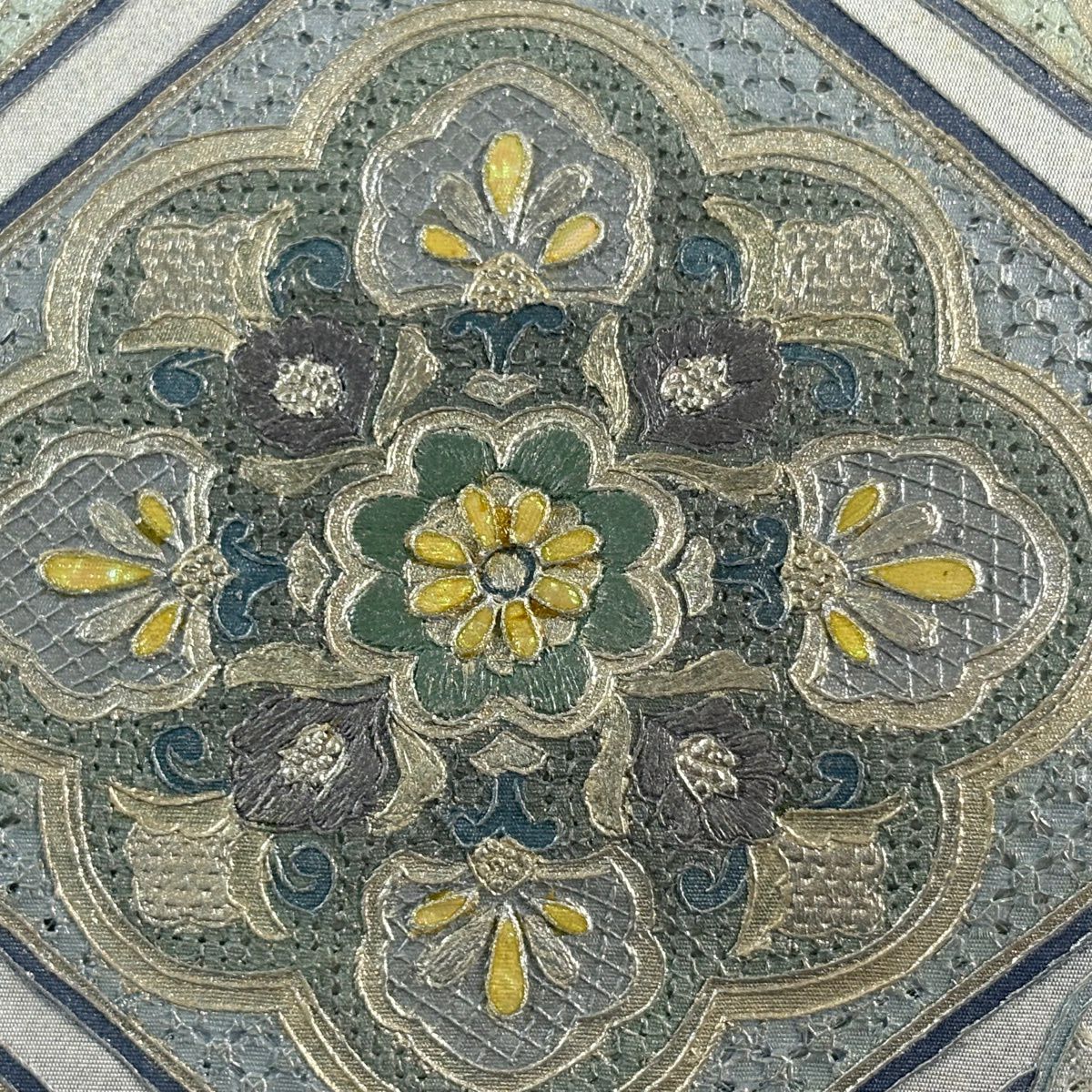 袋帶 名品級 蜀江文 華紋 刺繡 金銀彩 青灰 純蠶絲