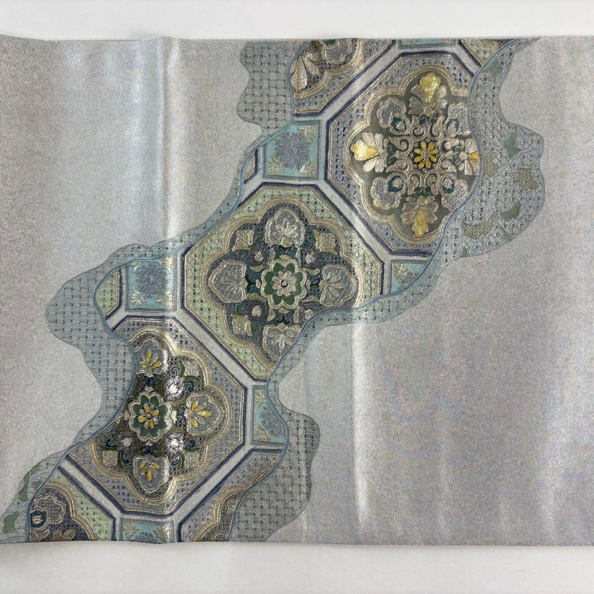 袋帶 名品級 蜀江文 華紋 刺繡 金銀彩 青灰 純蠶絲