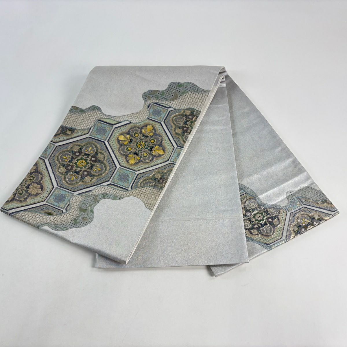 袋帶 名品級 蜀江文 華紋 刺繡 金銀彩 青灰 純蠶絲