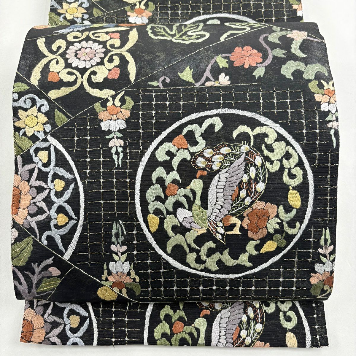 袋帶 逸品級 孔雀 花鳥 刺繡 金銀彩 黑 六通 純蠶絲