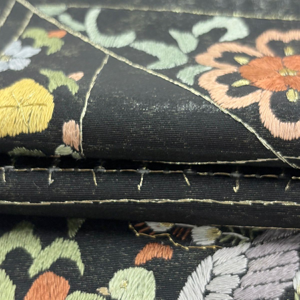 袋帶 逸品級 孔雀 花鳥 刺繡 金銀彩 黑 六通 純蠶絲