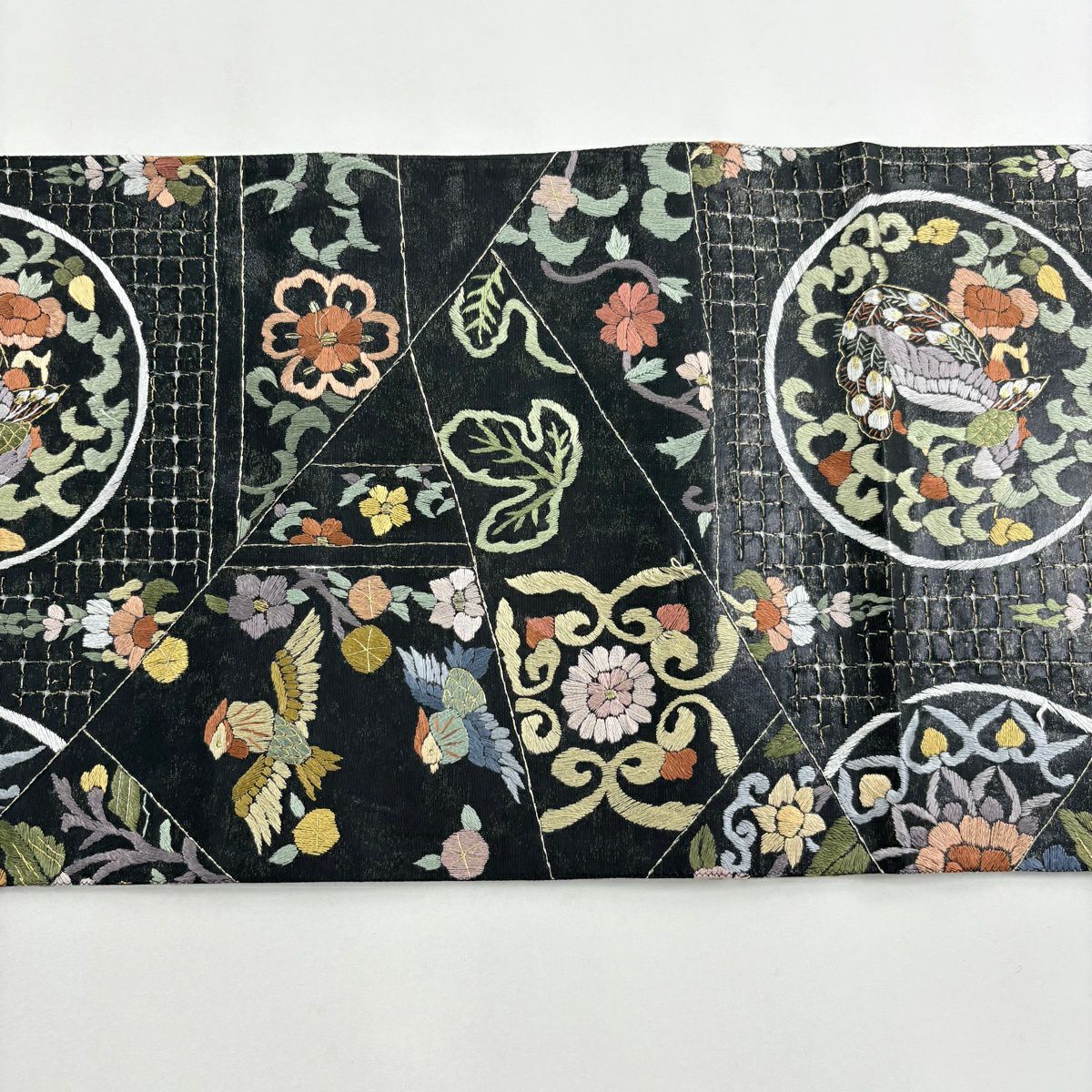 袋帶 逸品級 孔雀 花鳥 刺繡 金銀彩 黑 六通 純蠶絲