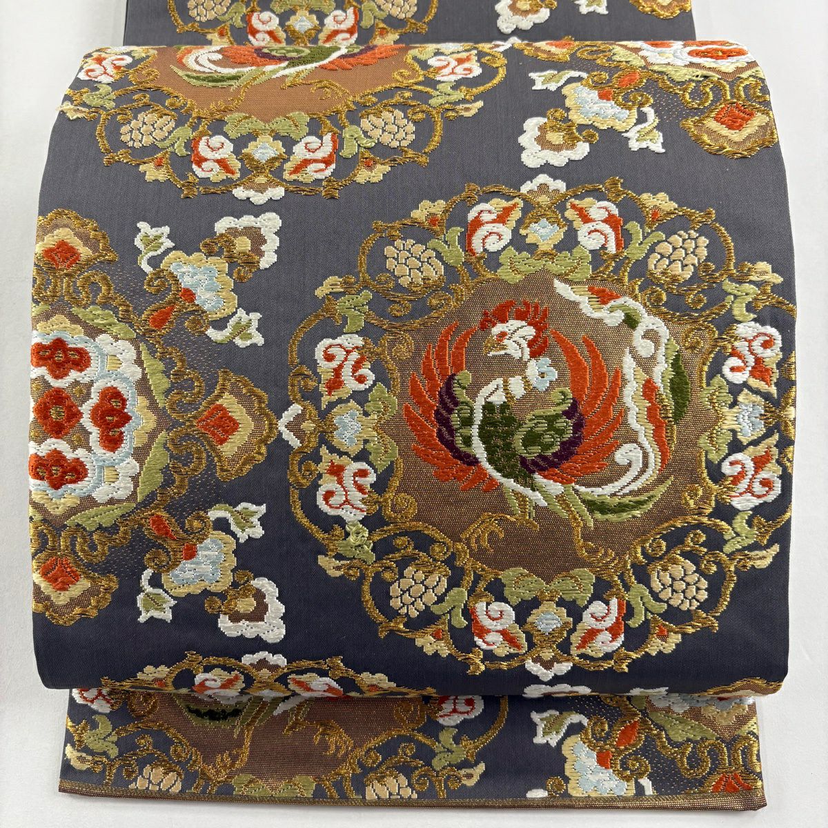 【美品】 袋帶 逸品級 河合美術織物 落款あり 關西裁縫 鳳凰 花唐草紋 唐織 金絲 灰紫 六通 純蠶絲