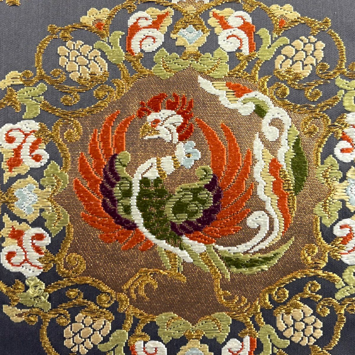 【美品】 袋帶 逸品級 河合美術織物 落款あり 關西裁縫 鳳凰 花唐草紋 唐織 金絲 灰紫 六通 純蠶絲