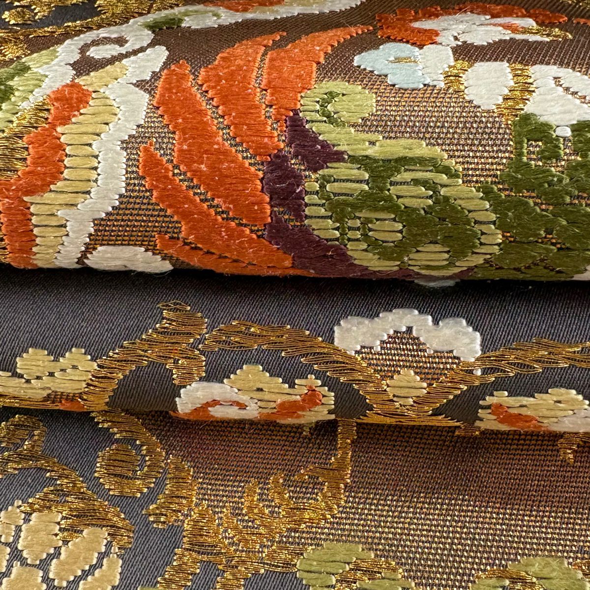 【美品】 袋帶 逸品級 河合美術織物 落款あり 關西裁縫 鳳凰 花唐草紋 唐織 金絲 灰紫 六通 純蠶絲