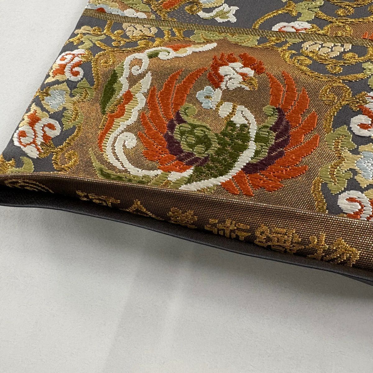 【美品】 袋帶 逸品級 河合美術織物 落款あり 關西裁縫 鳳凰 花唐草紋 唐織 金絲 灰紫 六通 純蠶絲