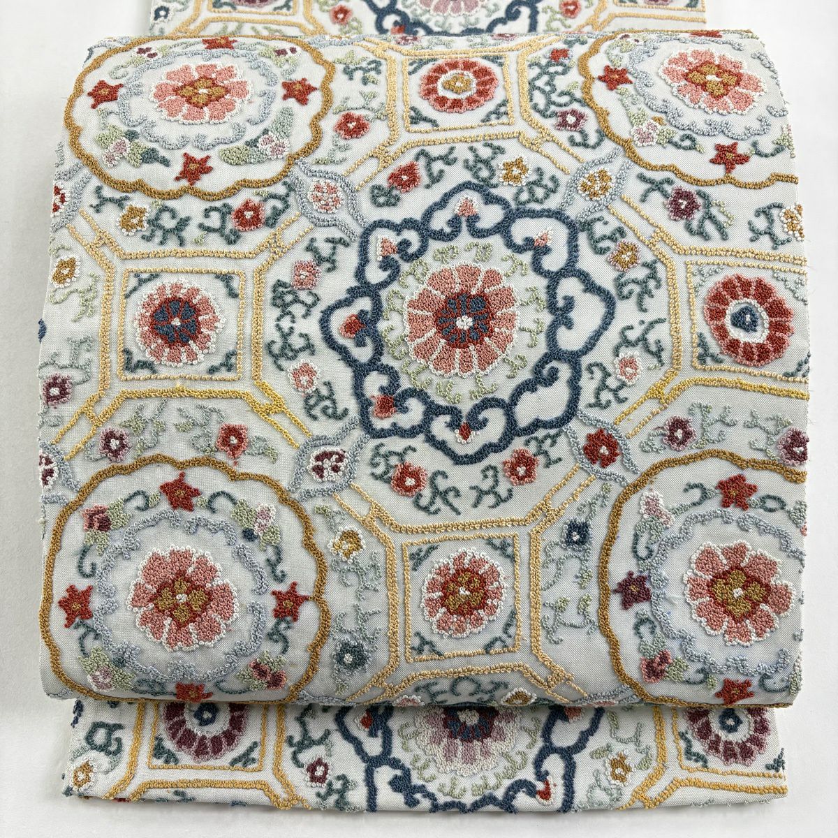 袋帶 逸品級 蜀江華紋 相良刺繡 青灰 純蠶絲