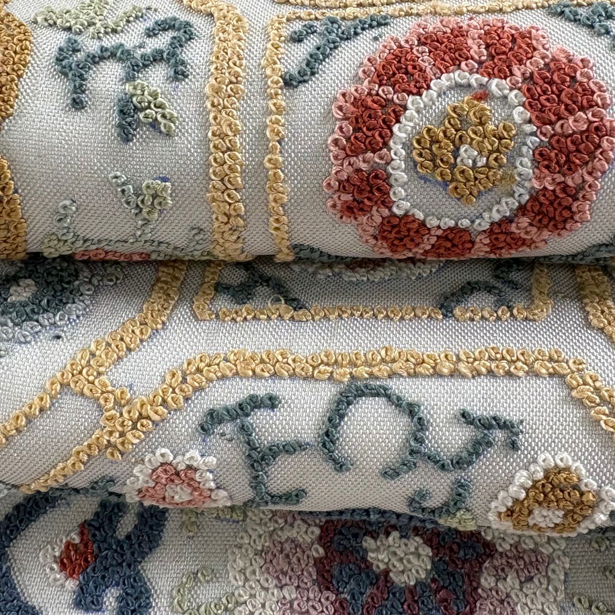 袋帶 逸品級 蜀江華紋 相良刺繡 青灰 純蠶絲