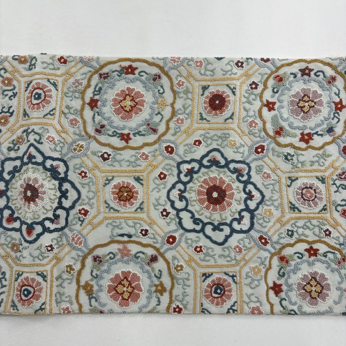 袋帶 逸品級 蜀江華紋 相良刺繡 青灰 純蠶絲