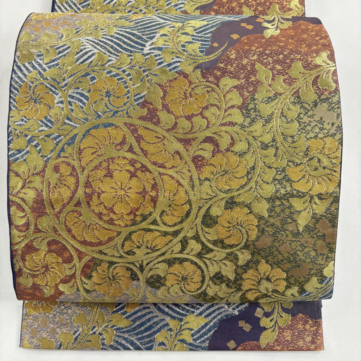 【美品】 袋帶 逸品級 川島織物 落款あり 草花紋紋 波 金糸 金金箔 鶯 綠 六通 純蠶絲
