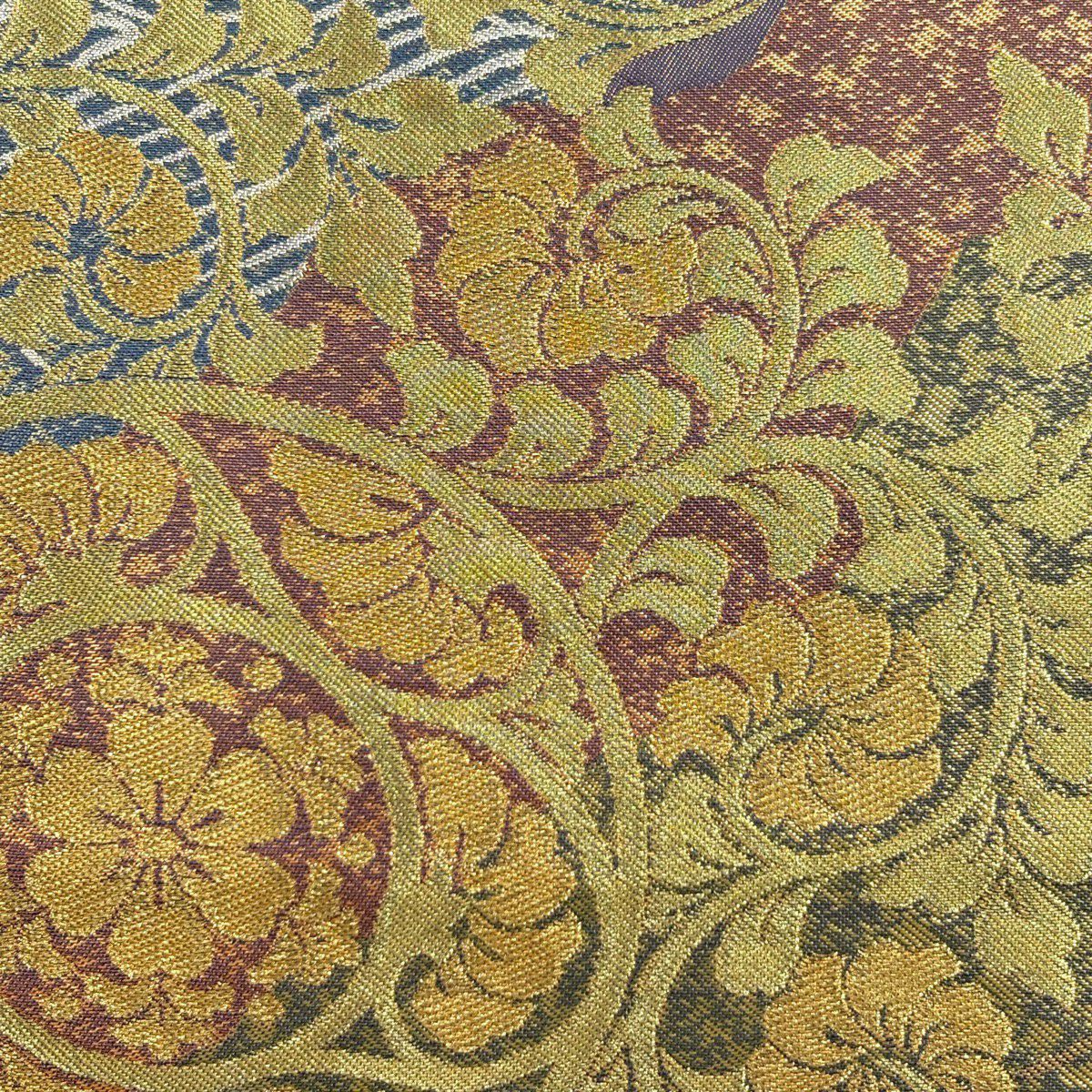 【美品】 袋帶 逸品級 川島織物 落款あり 草花紋紋 波 金糸 金金箔 鶯 綠 六通 純蠶絲