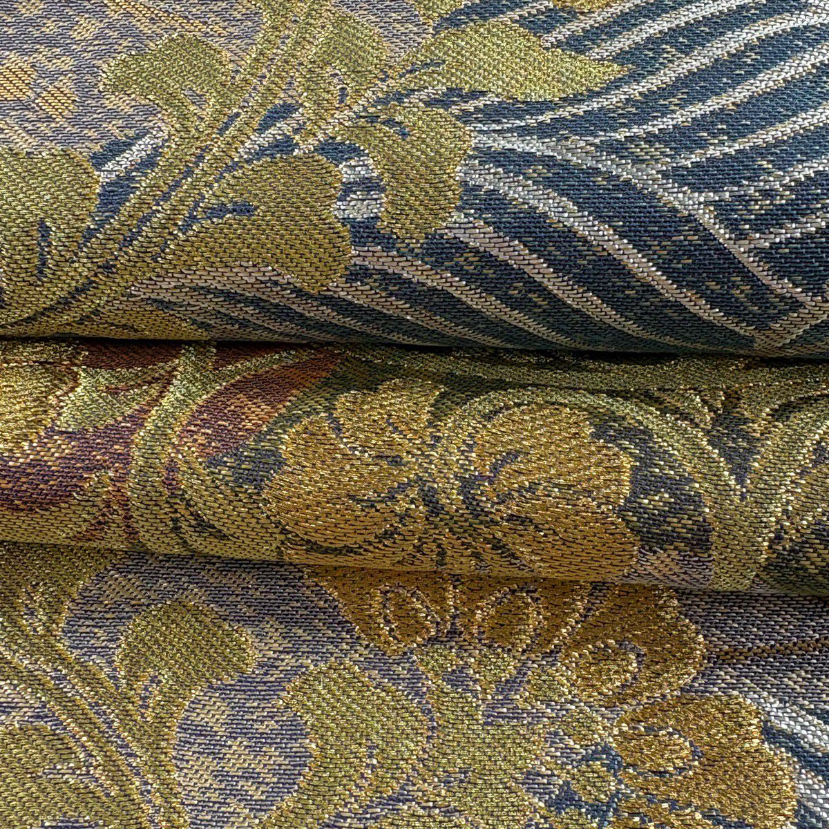 【美品】 袋帶 逸品級 川島織物 落款あり 草花紋紋 波 金糸 金金箔 鶯 綠 六通 純蠶絲