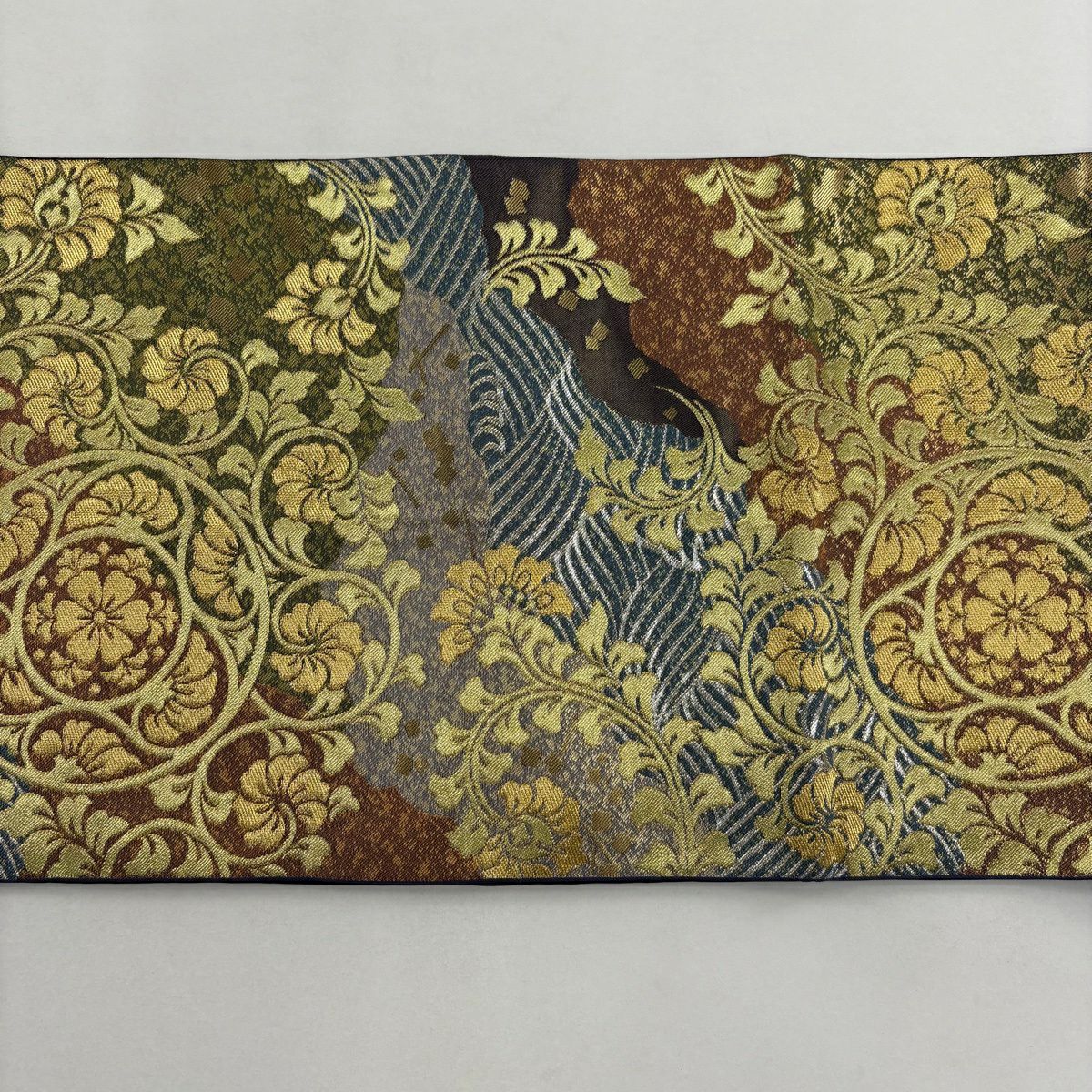 【美品】 袋帶 逸品級 川島織物 落款あり 草花紋紋 波 金糸 金金箔 鶯 綠 六通 純蠶絲