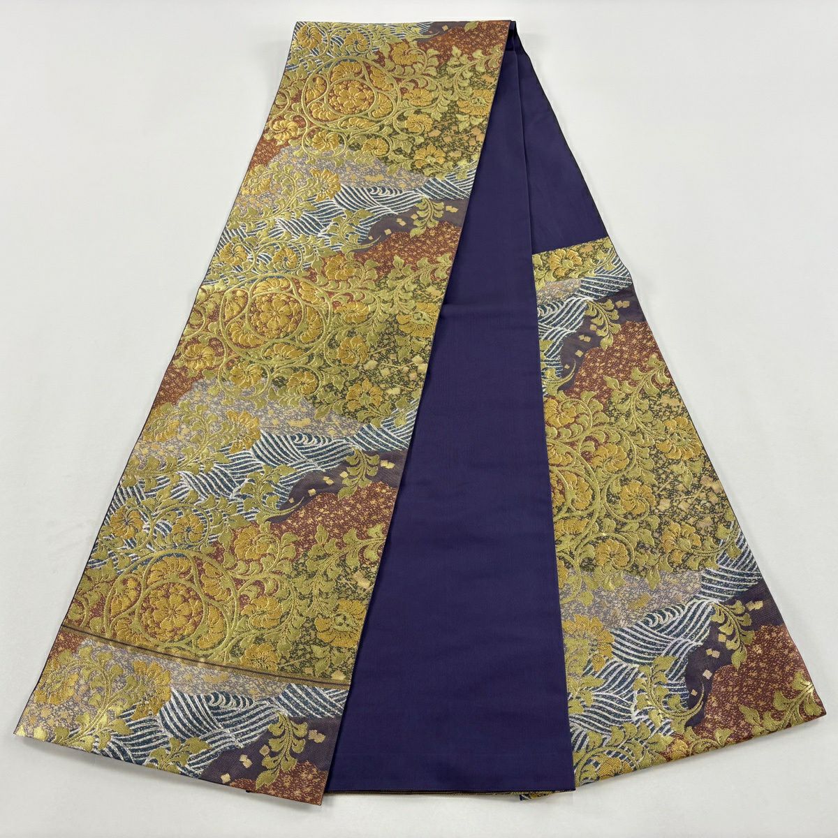 【美品】 袋帶 逸品級 川島織物 落款あり 草花紋紋 波 金糸 金金箔 鶯 綠 六通 純蠶絲