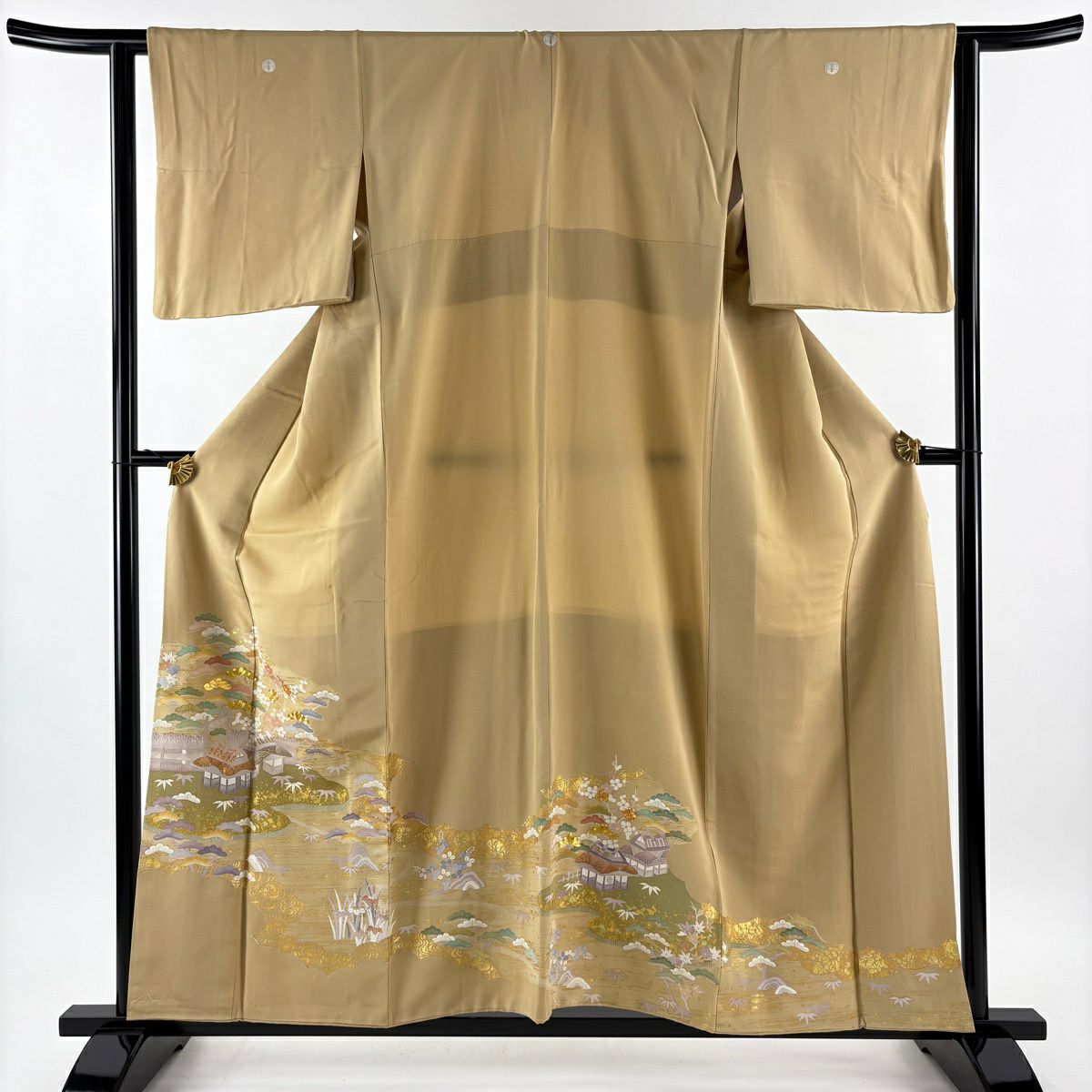 色留袖禮服 身長156.5cm 袖長62.5cm S 雙層 千總 落款あり 茶屋辻 金絲 金銀彩 米色 純蠶絲 逸品級 三つ紋