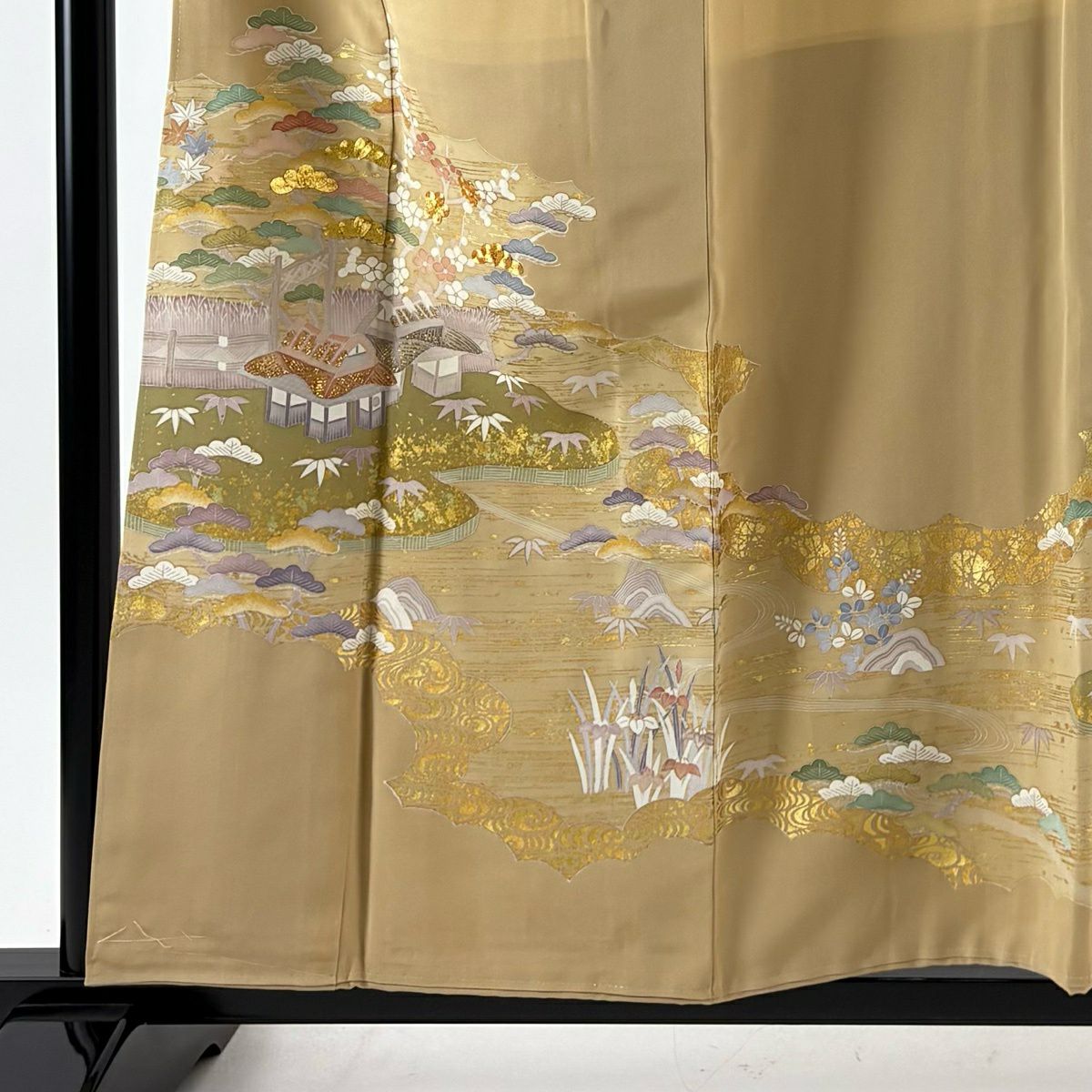 色留袖禮服 身長156.5cm 袖長62.5cm S 雙層 千總 落款あり 茶屋辻 金絲 金銀彩 米色 純蠶絲 逸品級 三つ紋