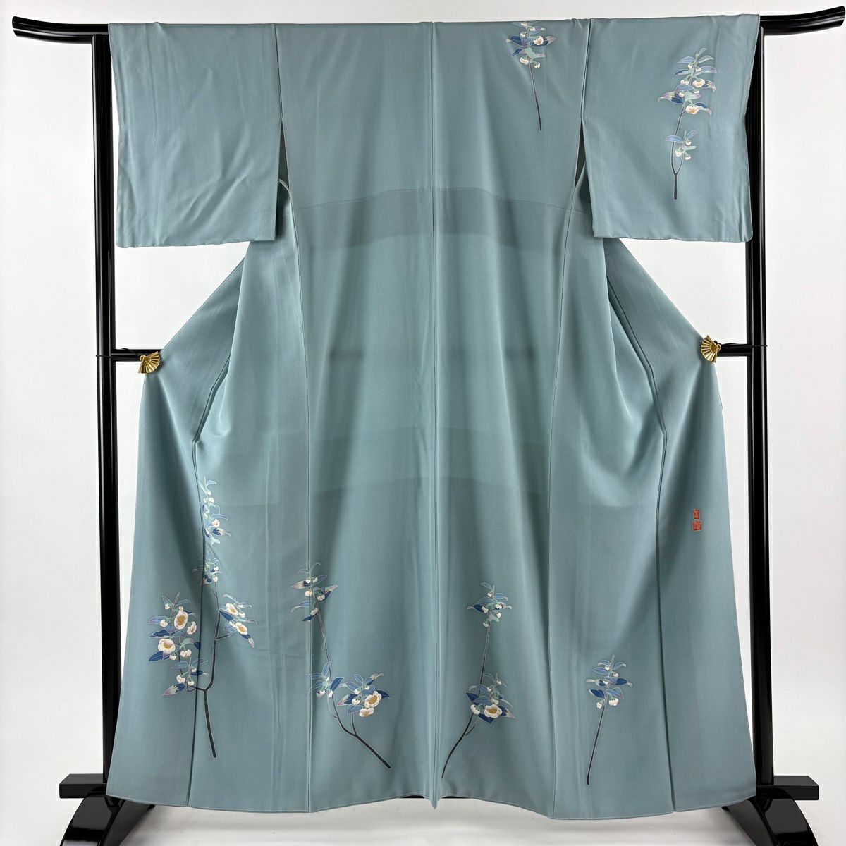 付下 身長160cm 袖長65cm M 雙層 百貫石峰 有落款 枝花 青灰 純蠶絲 逸品級