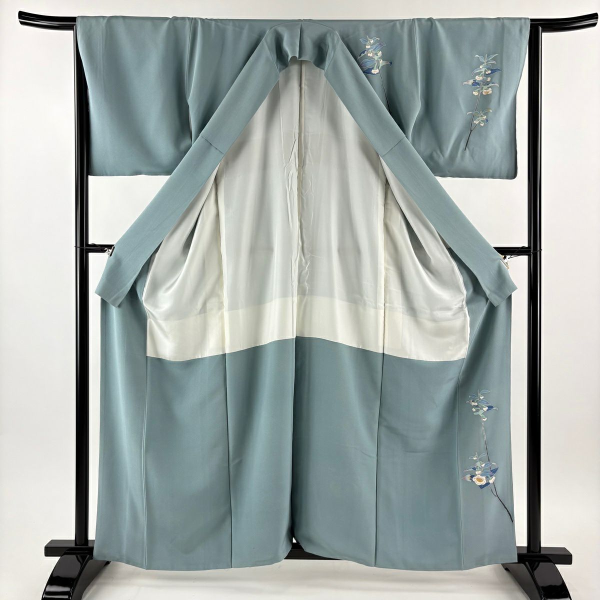 付下 身長160cm 袖長65cm M 雙層 百貫石峰 有落款 枝花 青灰 純蠶絲 逸品級