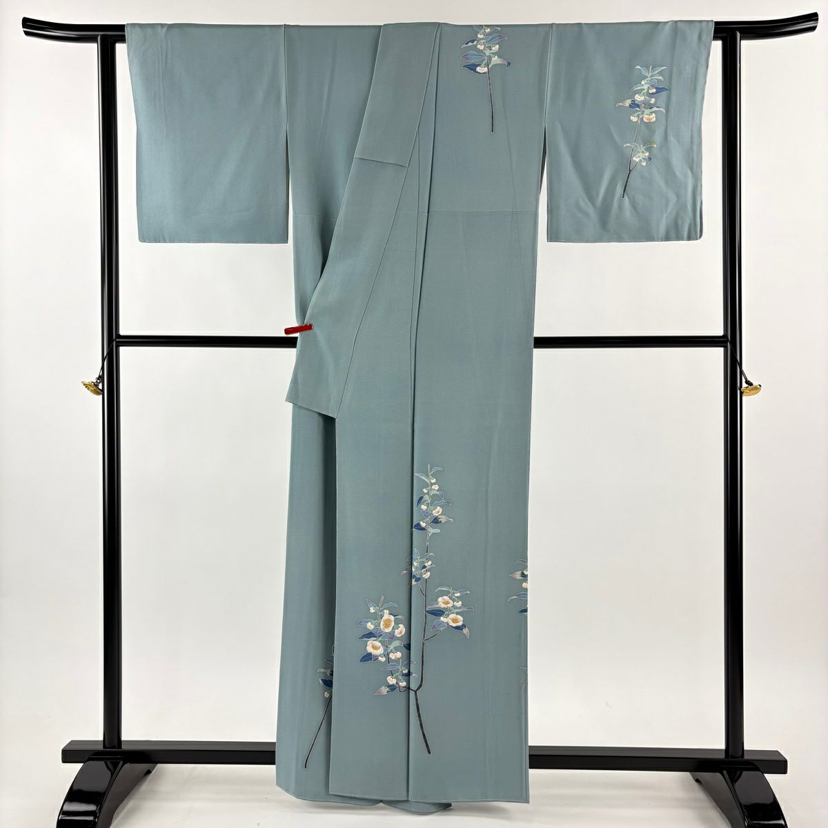 付下 身長160cm 袖長65cm M 雙層 百貫石峰 有落款 枝花 青灰 純蠶絲 逸品級