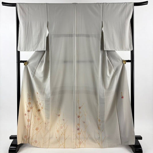 灰色留袖禮服 身長168.5cm 袖長66cm M 雙層 人間國寶 福田喜重 落款あり 枝梅花刺繡金銀彩 純蠶絲 逸品級