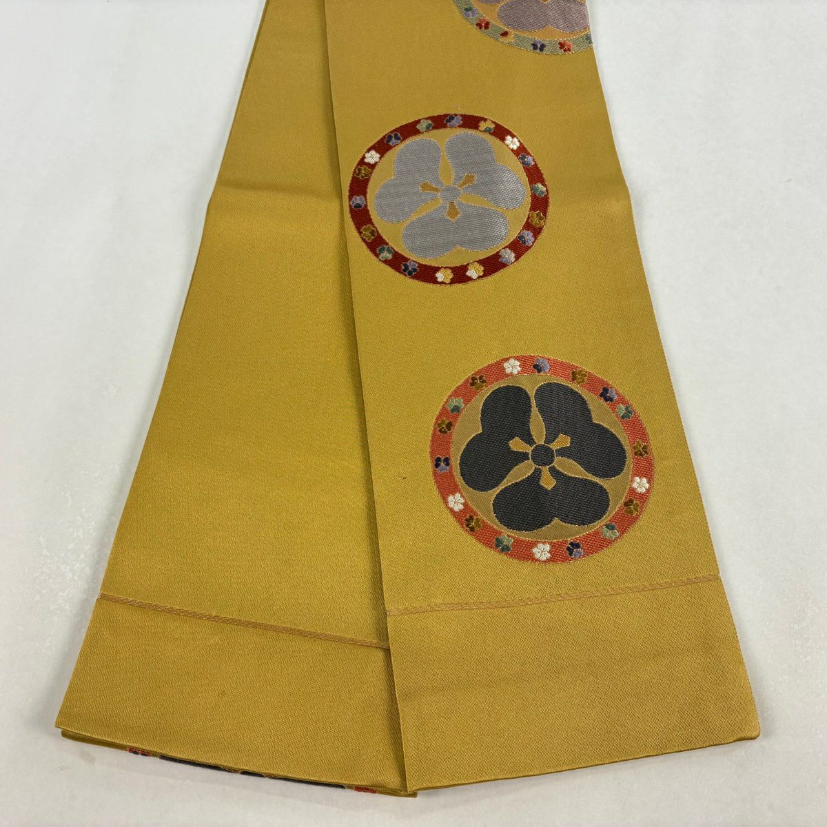 【美品】半幅帶 秀品級 圓文 花紋 金絲 芥末色 純蠶絲