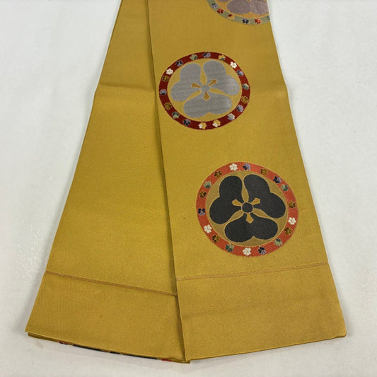【美品】半幅帶 秀品級 圓文 花紋 金絲 芥末色 純蠶絲