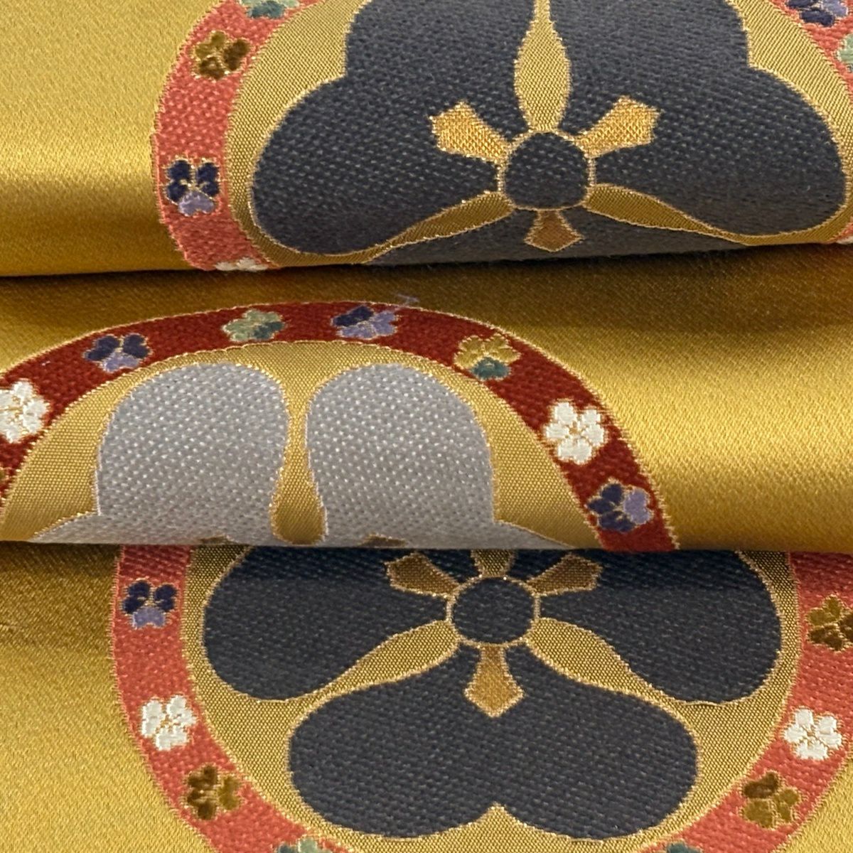 【美品】半幅帶 秀品級 圓文 花紋 金絲 芥末色 純蠶絲