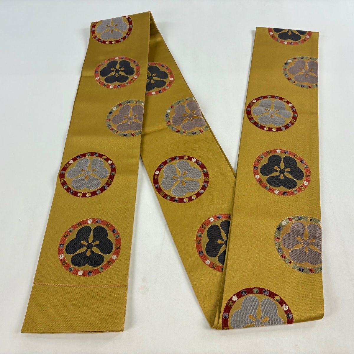 【美品】半幅帶 秀品級 圓文 花紋 金絲 芥末色 純蠶絲