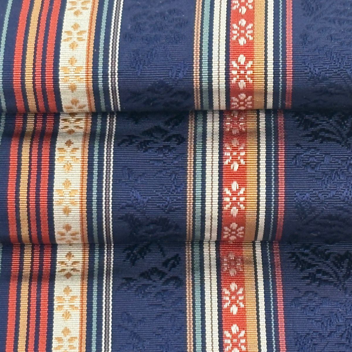 【美品】半幅帶 優品級 花紋 條紋 深藍 純蠶絲