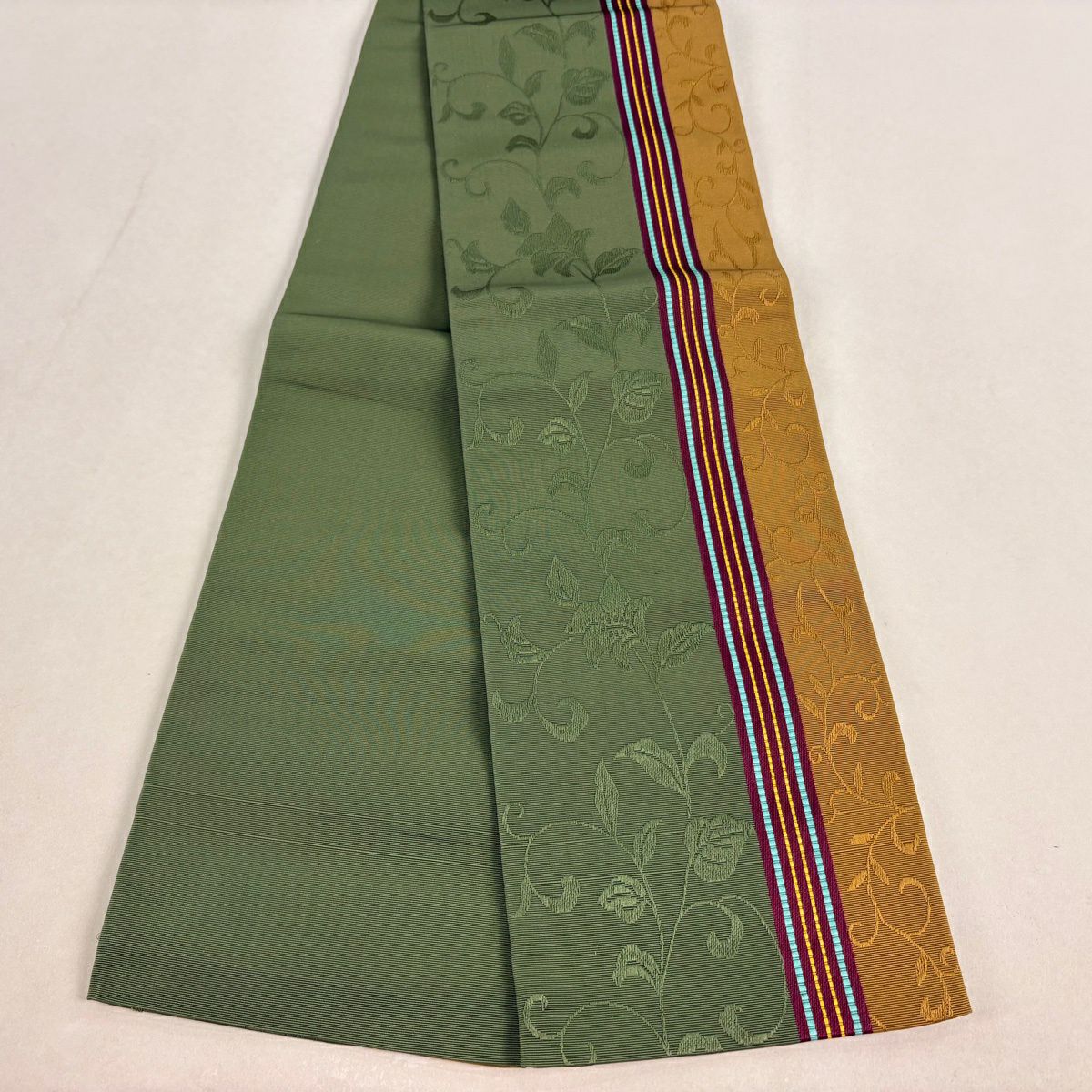 【美品】半幅帶 秀品級 縞 地紋 綠 純蠶絲