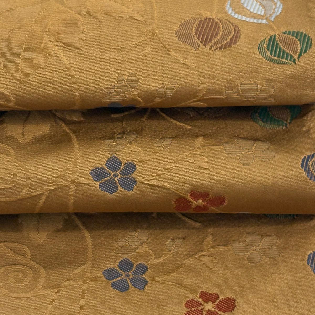 【美品】半幅帶 優品級 草花紋 山吹茶 化纖