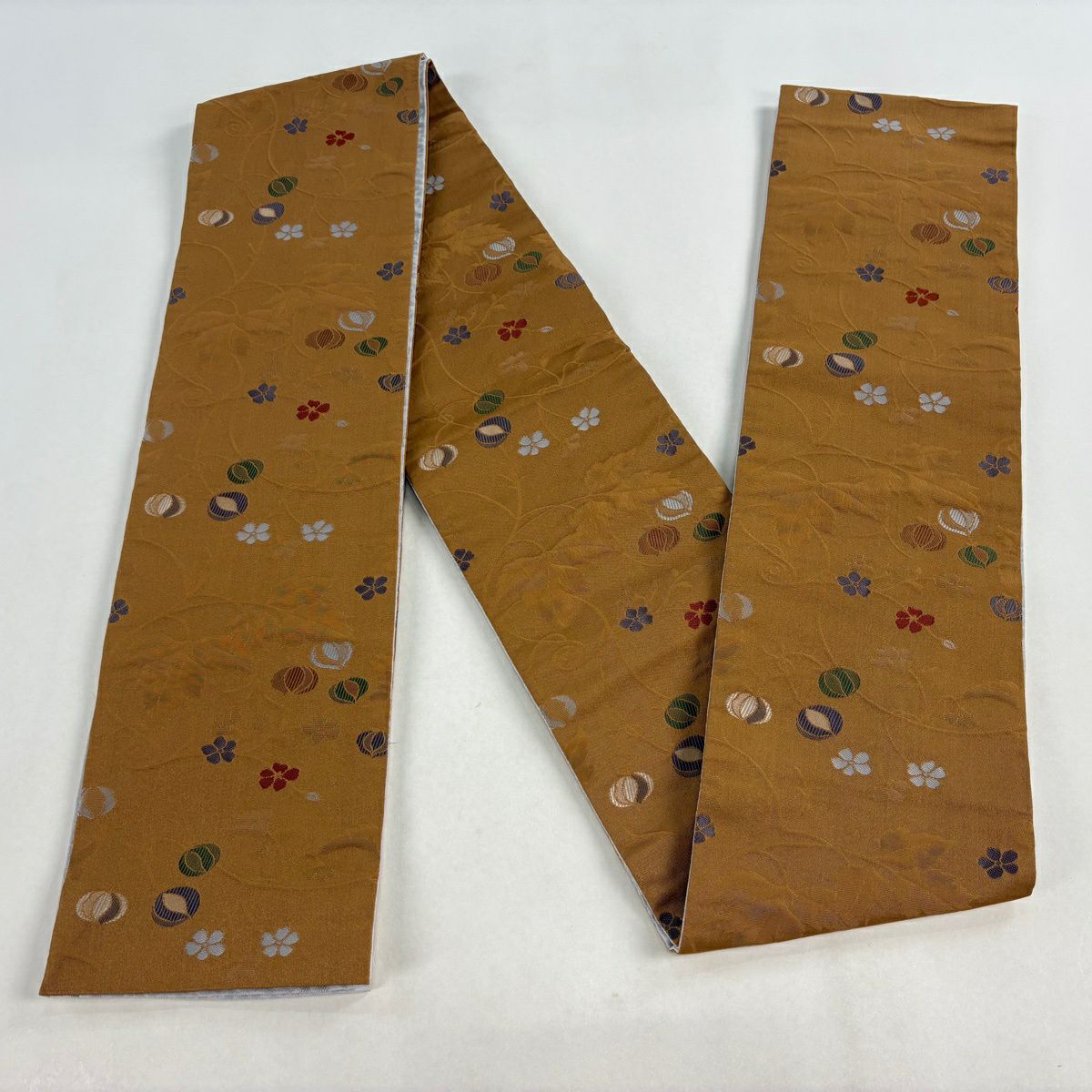 【美品】半幅帶 優品級 草花紋 山吹茶 化纖