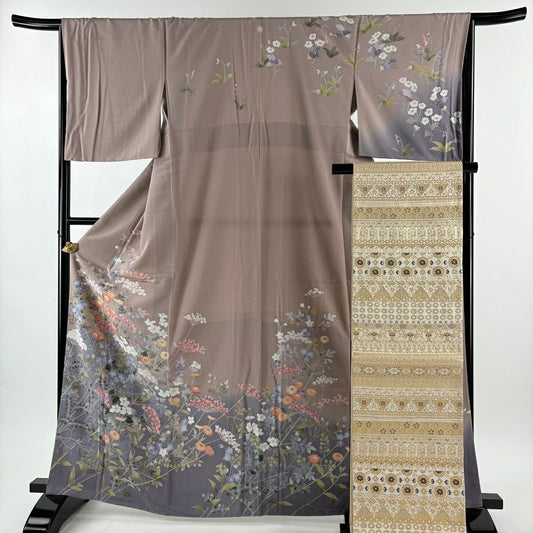 【美品】訪問服 身長165.5cm 袖長66.5cm M 雙層 袋帶套裝 落款 草花紋 染分 ぼかし 灰紫 純蠶絲 名品級 一つ紋
