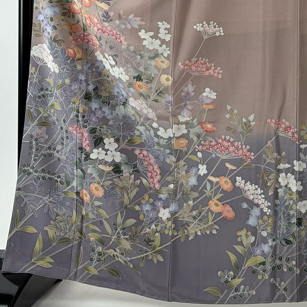 【美品】訪問服 身長165.5cm 袖長66.5cm M 雙層 袋帶套裝 落款 草花紋 染分 ぼかし 灰紫 純蠶絲 名品級 一つ紋