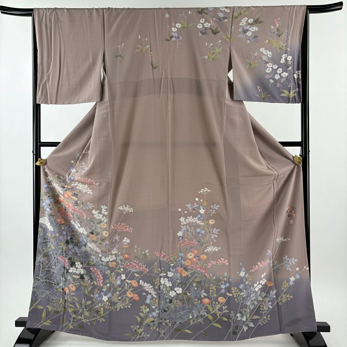 【美品】訪問服 身長165.5cm 袖長66.5cm M 雙層 袋帶套裝 落款 草花紋 染分 ぼかし 灰紫 純蠶絲 名品級 一つ紋