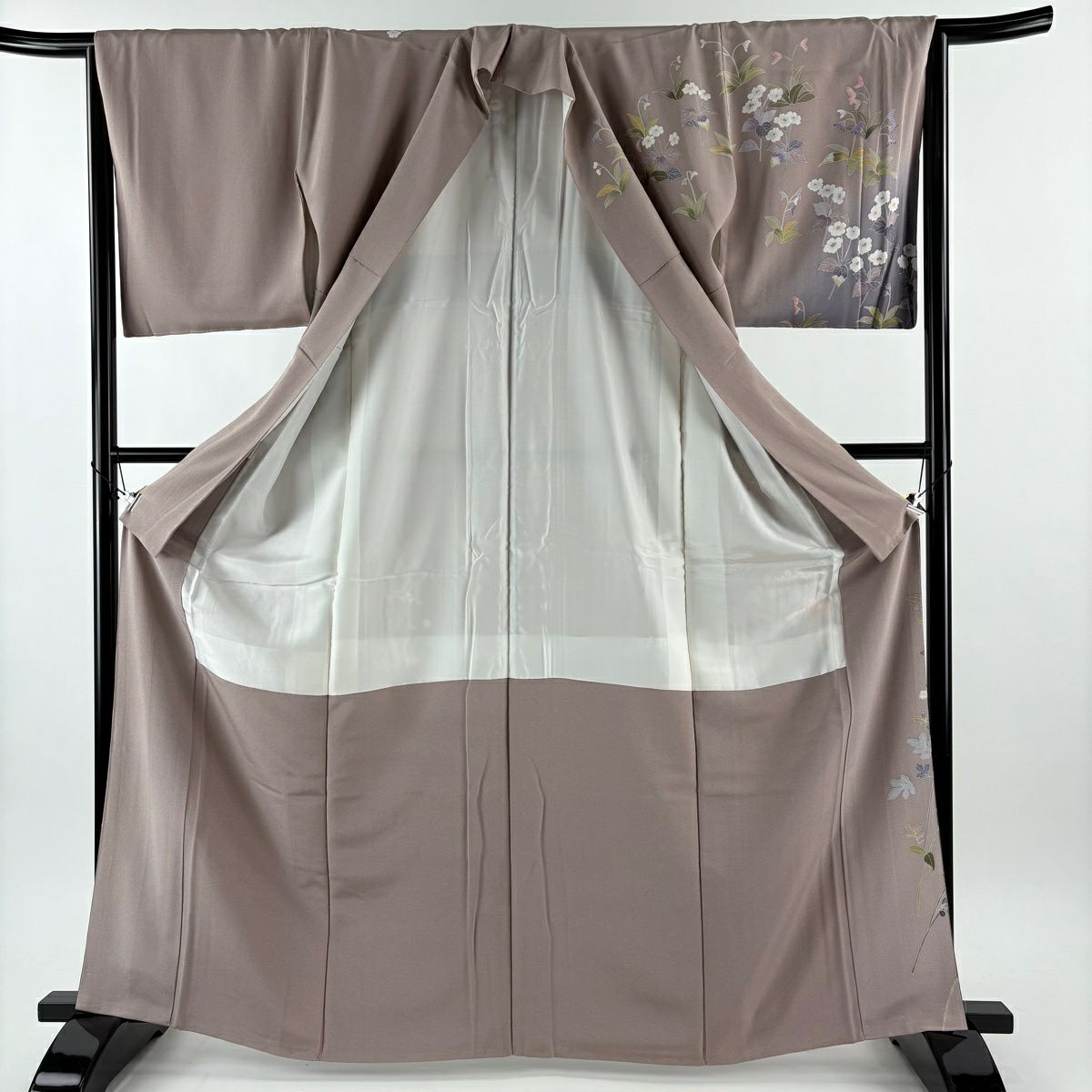 【美品】訪問服 身長165.5cm 袖長66.5cm M 雙層 袋帶套裝 落款 草花紋 染分 ぼかし 灰紫 純蠶絲 名品級 一つ紋