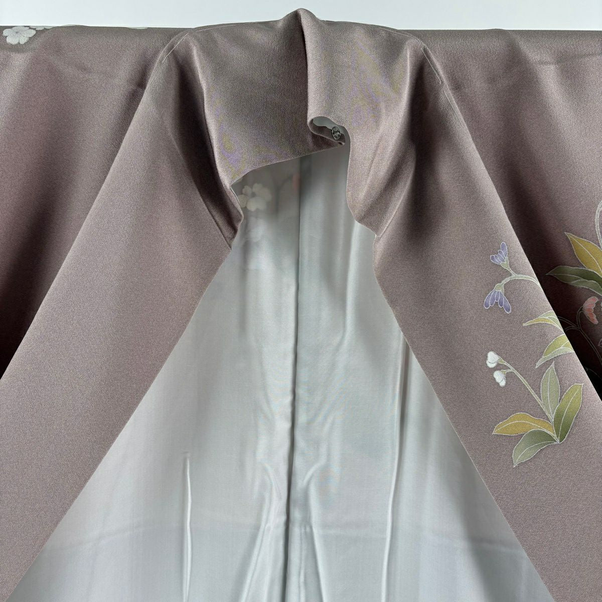 【美品】訪問服 身長165.5cm 袖長66.5cm M 雙層 袋帶套裝 落款 草花紋 染分 ぼかし 灰紫 純蠶絲 名品級 一つ紋