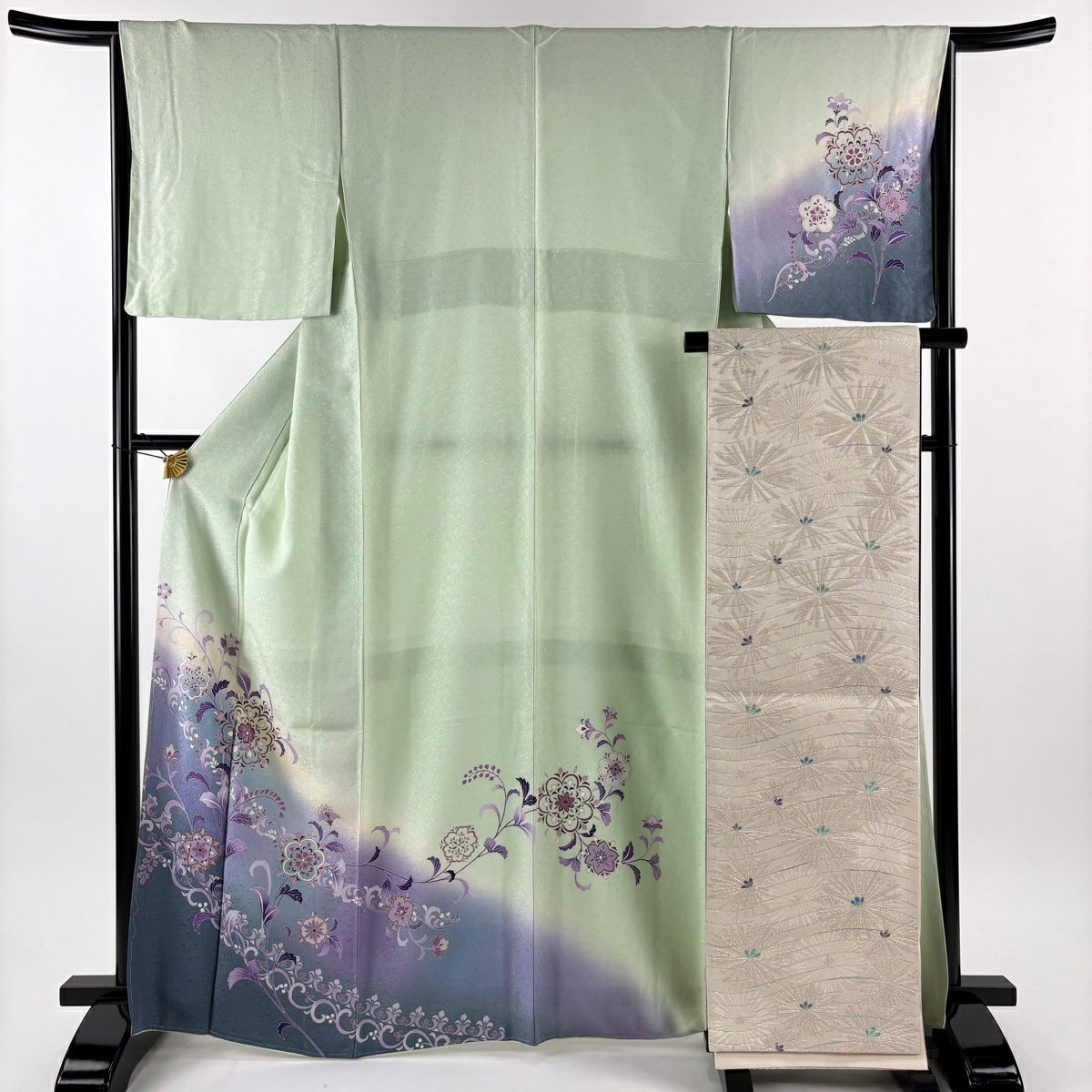 付下 身長166.5cm 袖長64cm M 雙層 袋帶套裝 華紋 草花紋紋 金銀彩 漸層 淺綠 純蠶絲 名品級