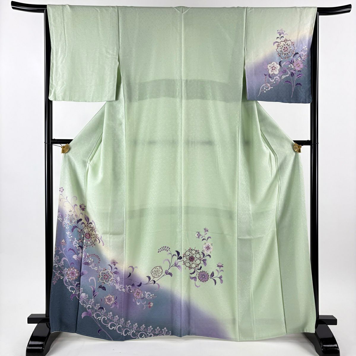 付下 身長166.5cm 袖長64cm M 雙層 袋帶套裝 華紋 草花紋紋 金銀彩 漸層 淺綠 純蠶絲 名品級