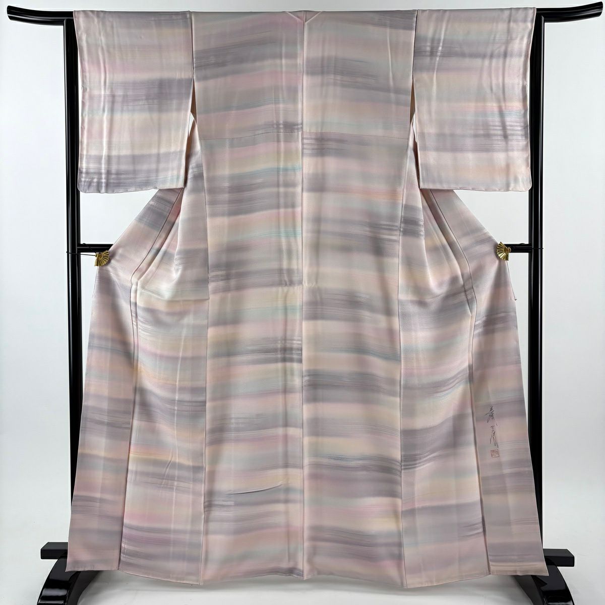 【美品】 小紋 身長165cm 袖長63cm S 雙層 袋帶套裝 落款あり 霞地紋 銀線 漸層 淺粉色 純蠶絲 秀品級