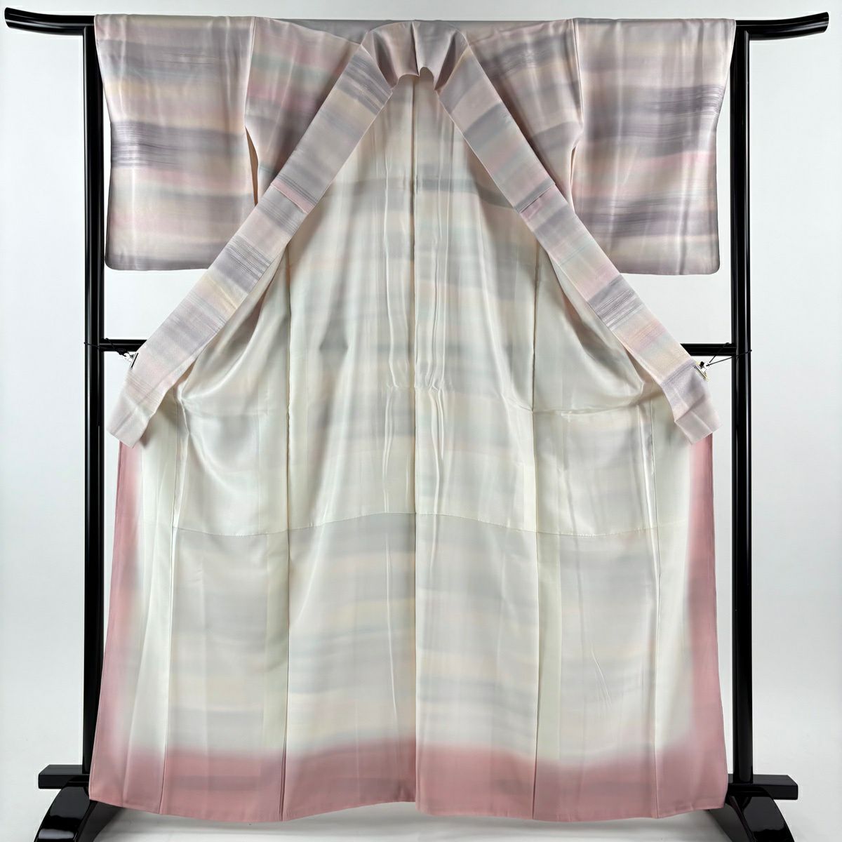【美品】 小紋 身長165cm 袖長63cm S 雙層 袋帶套裝 落款あり 霞地紋 銀線 漸層 淺粉色 純蠶絲 秀品級