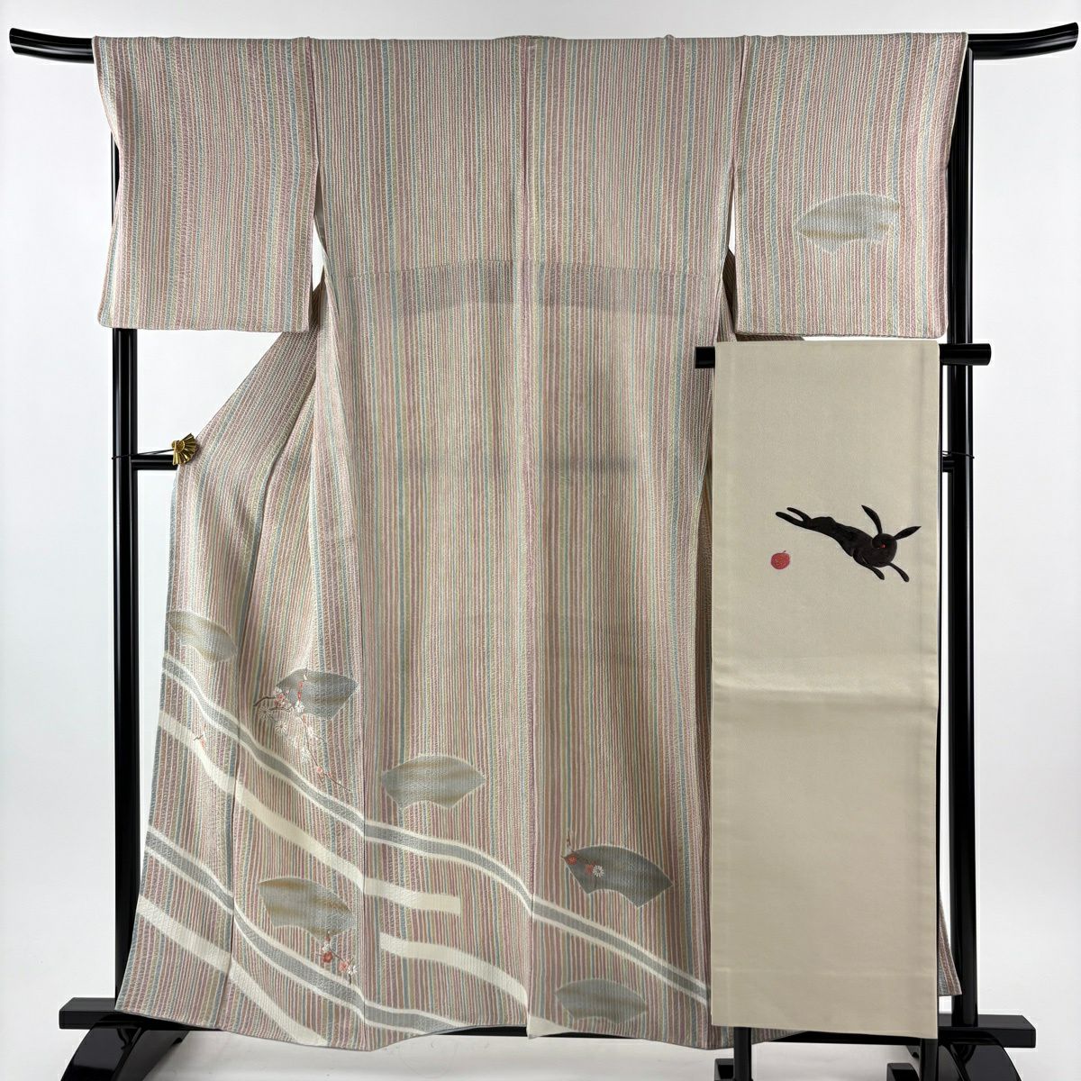 付下 身長158.5cm 袖長67.5cm L 雙層 名古屋帶套裝 枝梅花 扇子面 刺繡 金銀彩 紫 純蠶絲 優品級
