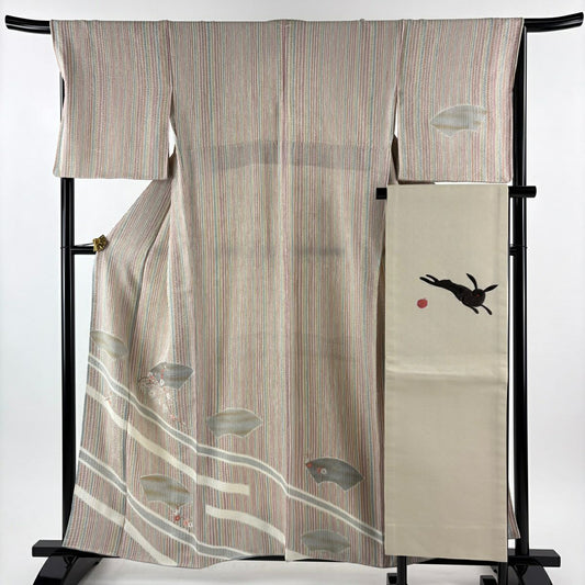 付下 身長158.5cm 袖長67.5cm L 雙層 名古屋帶套裝 枝梅花 扇子面 刺繡 金銀彩 紫 純蠶絲 優品級