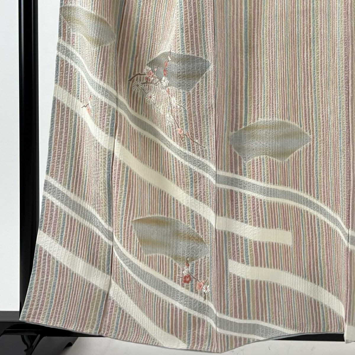 付下 身長158.5cm 袖長67.5cm L 雙層 名古屋帶套裝 枝梅花 扇子面 刺繡 金銀彩 紫 純蠶絲 優品級