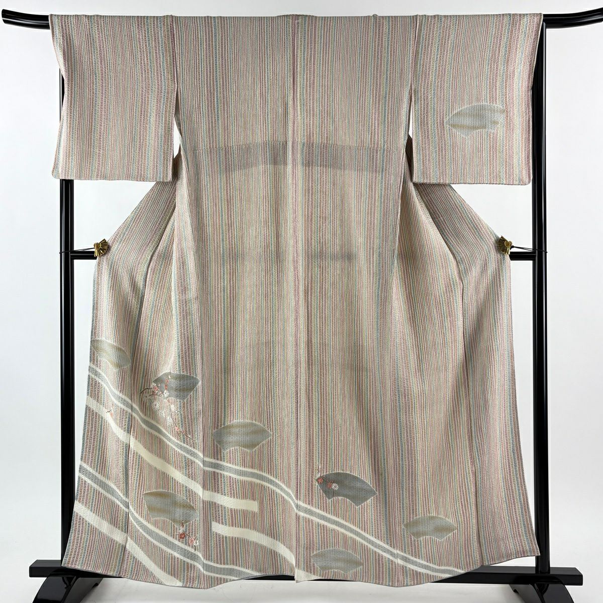 付下 身長158.5cm 袖長67.5cm L 雙層 名古屋帶套裝 枝梅花 扇子面 刺繡 金銀彩 紫 純蠶絲 優品級