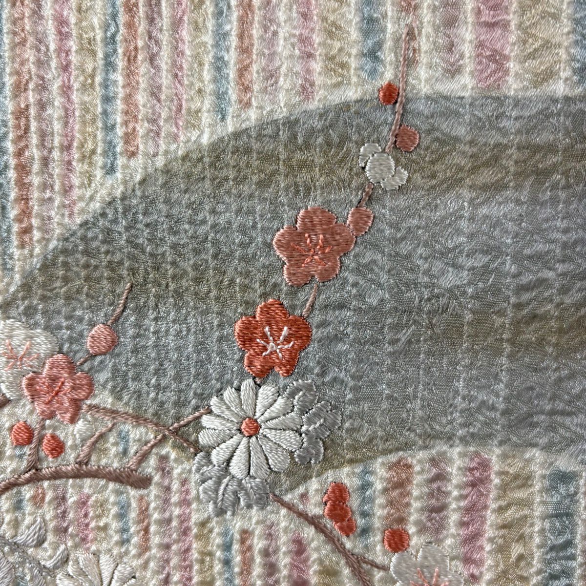 付下 身長158.5cm 袖長67.5cm L 雙層 名古屋帶套裝 枝梅花 扇子面 刺繡 金銀彩 紫 純蠶絲 優品級