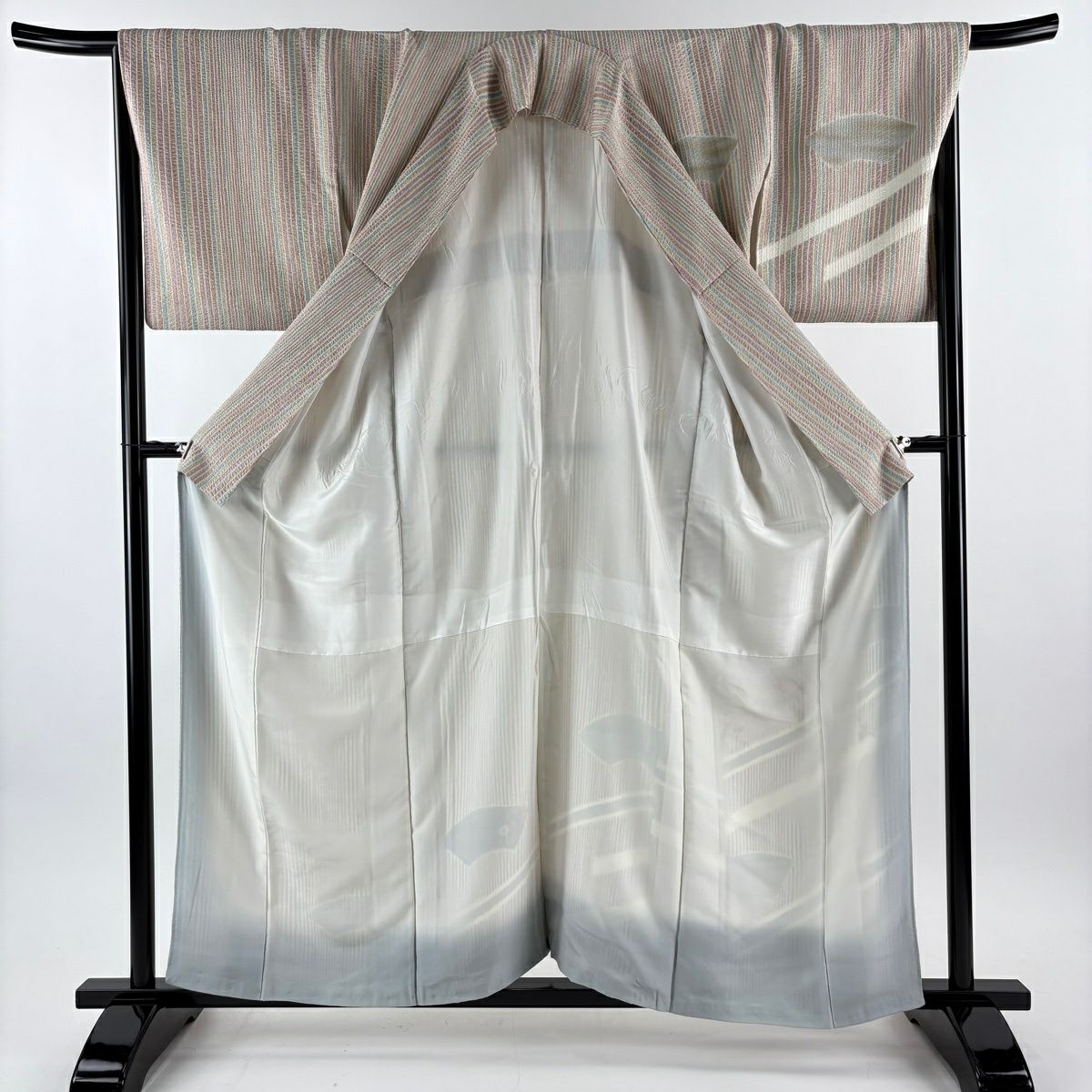 付下 身長158.5cm 袖長67.5cm L 雙層 名古屋帶套裝 枝梅花 扇子面 刺繡 金銀彩 紫 純蠶絲 優品級