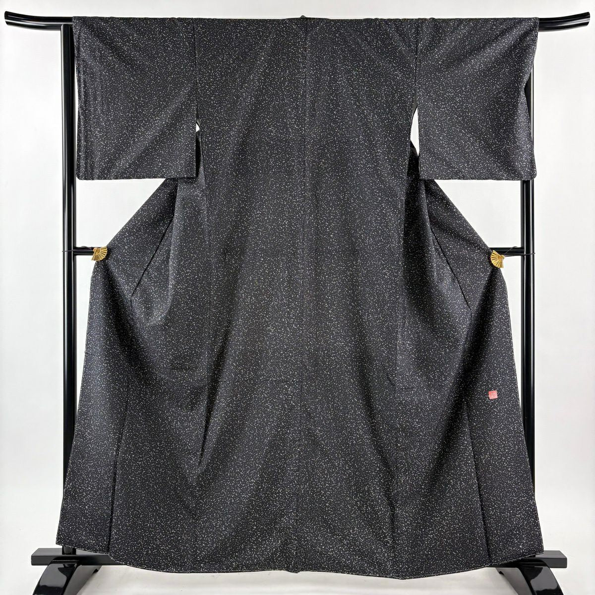 【美品】 小紋 身長161cm 袖長65cm M 雙層 袋帶套裝 大島紬織織 有落款 有證書 幾何圖案 黑 純蠶絲 名品級
